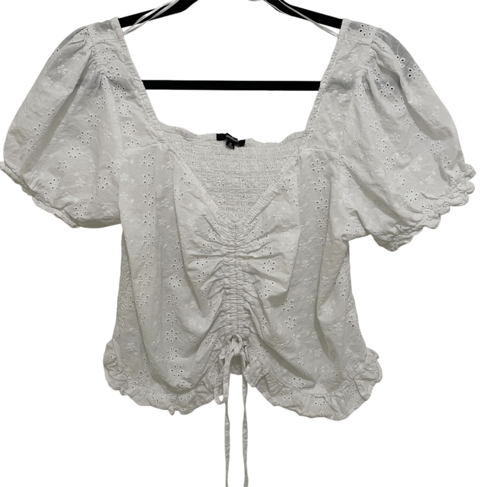 Ambiance Eyelet Top Womens 1Xβ White Cinched Puff Sleeve Smocked Blouse